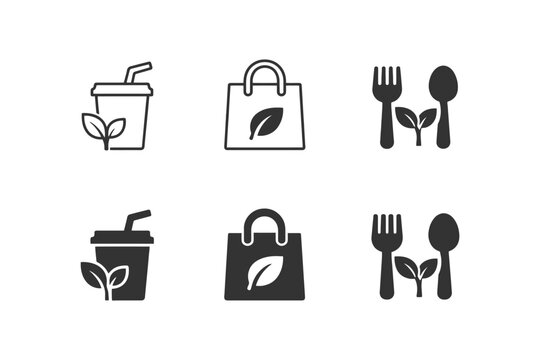 Eco-friendly icons: drink, bag, cutlery with leaf design.