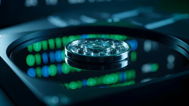 Close-up of a Hard Drive Platter Reflecting Green and Blue Digital Data.