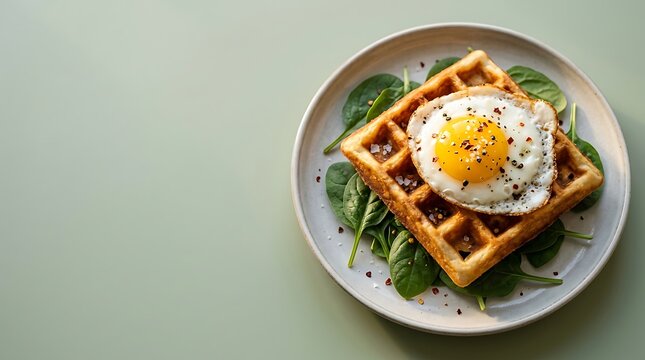 Wafel Goreng dengan Telur Mata Sapi dan Bayam Segar, Sajian Sarapan Lezat dan Menarik untuk Pagi Hari