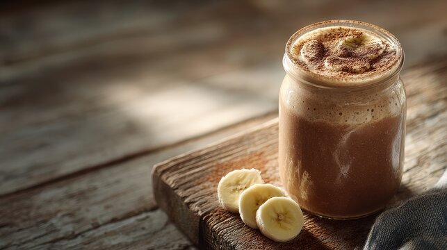 Banana chocolate smoothie served in a glass jar with banana slices and cocoa dusting