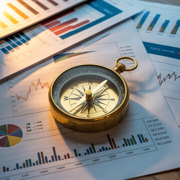 Golden compass rests on scattered financial business reports and charts papers with sunlight casting warm glow on documents showing data graphs for market direction.