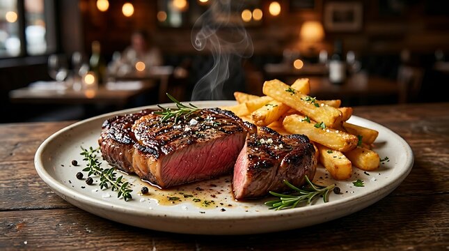 Daging Steak Sapi panggang dengan kentang goreng dan rempah segar di restoran cozy