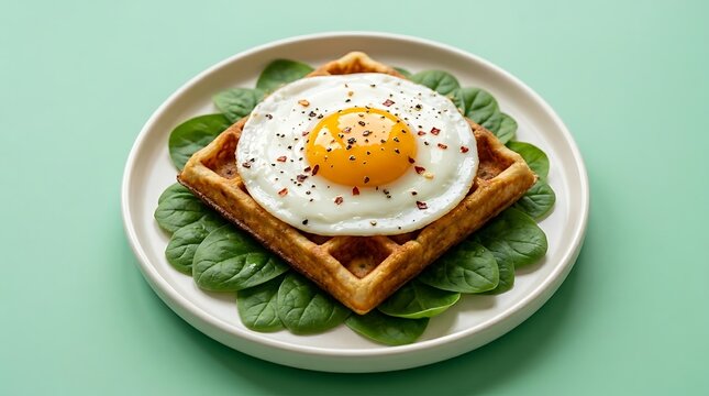 Sarapan sehat dengan waffle renyah dan telur mata sapi di piring putih pada latar belakang hijau cerah