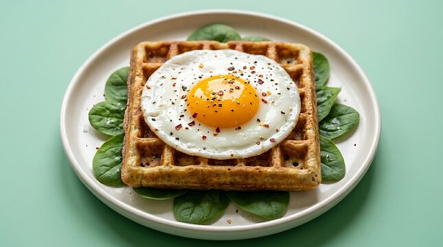 Sarapan sehat dengan waffle renyah, telur mata sapi dan bayam segar disajikan di piring putih di atas meja berwarna mint