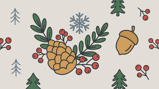 Pinecone Christmas Pattern with Berries and Trees on Beige