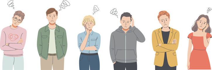 Fototapeta premium Group of confused people illustration, spiral scribbles above heads, frustration uncertainty concept, decision making problem solving artwork, emotional stress scene