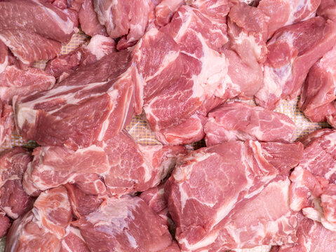 Fresh Raw Pork Meat Chunks with Natural Marbling Texture