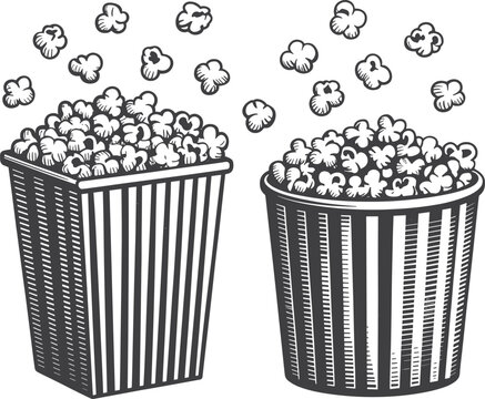 Black and white popcorn illustration, striped popcorn bucket drawing, cinema snack graphic, movie food icon, entertainment treat design, hand drawn art