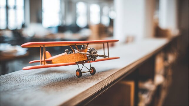 A Detailed Wooden Biplane Model Toy on a Textured Surface