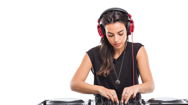 A young woman DJs with confidence, creating a vibrant atmosphere with her music and stylish headphones.