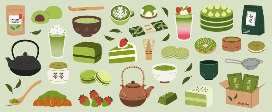ector set of Japanese Matcha green tea and desserts. Includes traditional whisk, bowl, matcha latte, crepe cake, mochi, ice cream, and brownies