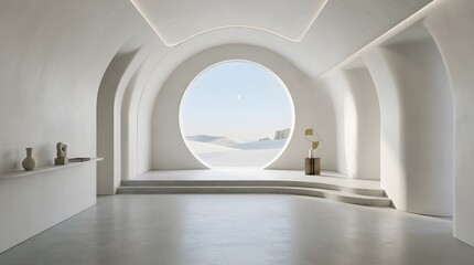 Fototapeta premium Zen Minimalist Architecture Interior with Large Circular Window Overlooking Sand Dunes, Stepped Floor and Modern Art Decor