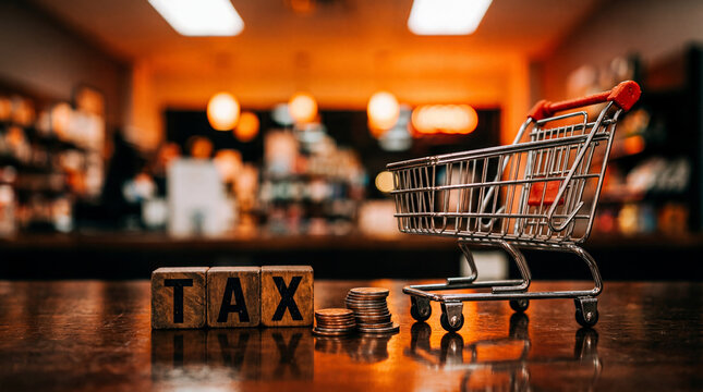 Shopping cart with tax blocks on a store counter indoors