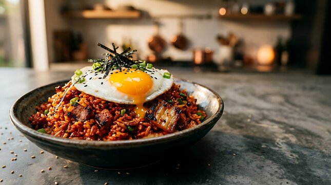 Nasi goreng spesial dengan telur mata sapi di mangkuk tradisional di dapur modern penuh kehangatan
