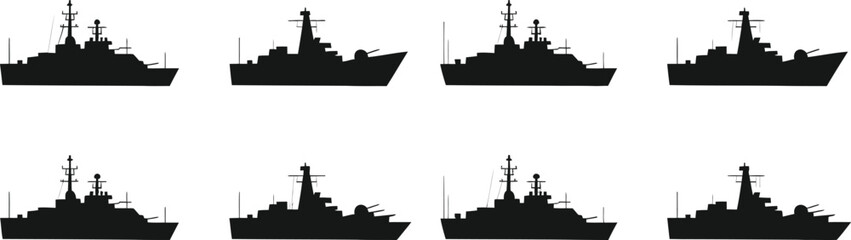 Black silhouette of warships on white background navy ship © MDSHAHIN