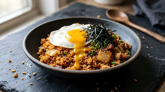 Nasi goreng dengan telur mata sapi, rumput laut, dan bumbu di mangkuk hitam di atas meja kayu yang alami dan rustic