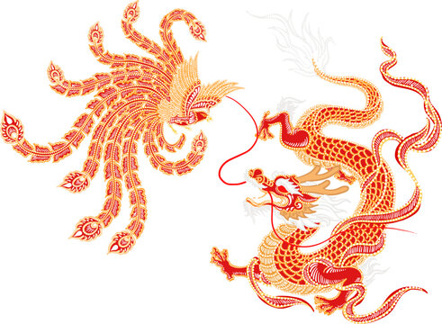 dragon and phoenix batik decoration vector