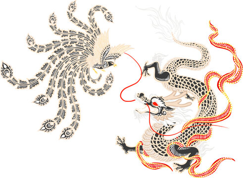 dragon and phoenix batik decoration vector