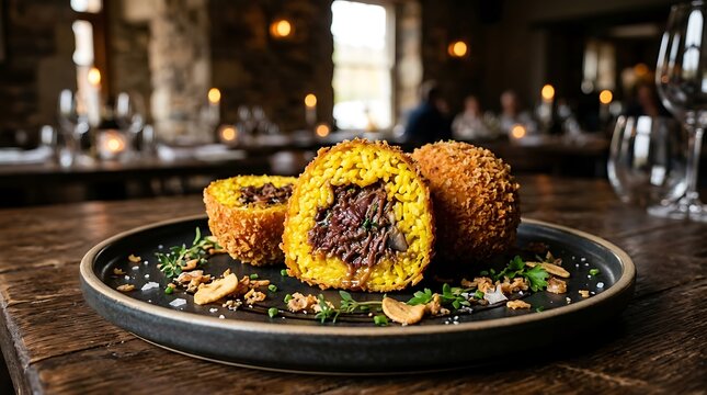 Tiga kroket isi daging dan kentang disajikan di atas piring hitam di restoran dengan suasana hangat dan pencahayaan lembut