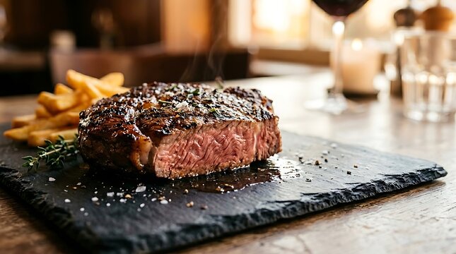 Steak daging sapi matang dan juicy disajikan di atas meja kayu dengan french fries dan minuman anggur merah untuk suasana makan mewah