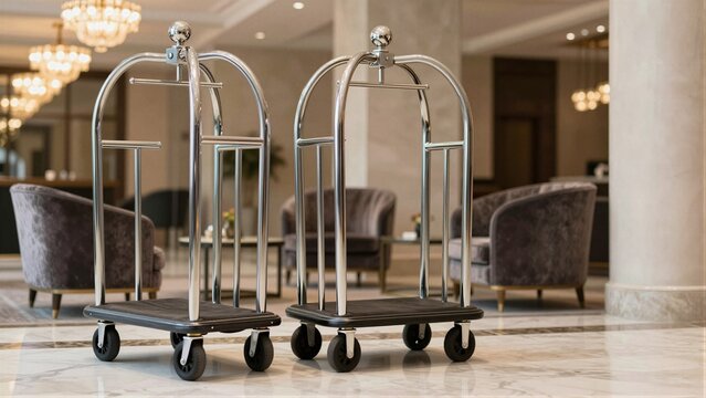 Two vintage-style chrome luggage carts on a polished marble floor in an elegant hotel lobby with plush seating and chandeliers. selected focus.