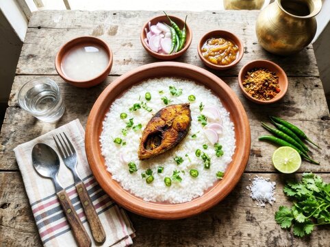 Authentic Bengali Panta Ilish festive arrangement Pohela Baishakh celebration clay plate green chili onion rustic top view