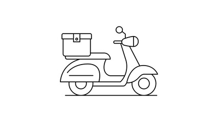 Minimalist black line vector icon illustration of a delivery scooter with a cargo box on the back, representing last-mile logistics, food delivery, courier services, and urban transportation. © Uzzal
