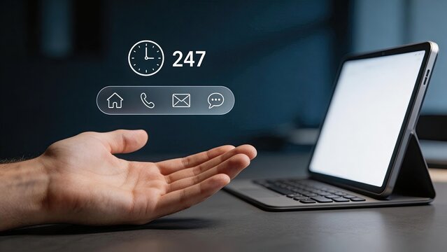 Hand holding virtual icons for 247 support tablet in background modern technology digital communication customer service business concept innovation workspace screen interface