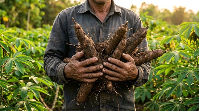 Petani memegang beberapa umbi singkong di ladang hijau saat matahari terbenam untuk konsep pertanian dan panen alami