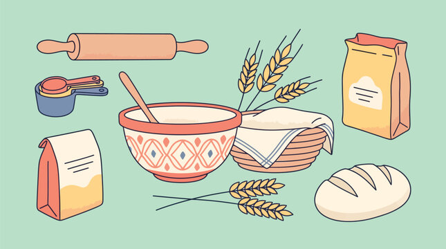 Baking Ingredients and Tools on Green Background