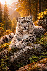 Fototapeta premium Snow leopard resting on rock in forest with golden light