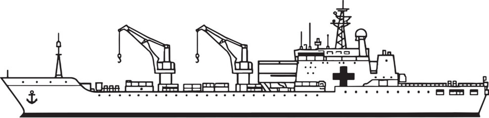 Naval repair ship maintenance vessel side view black and white vector line art illustration isolated © Bui
