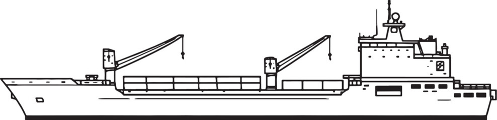 Naval transport ship cargo vessel side view black and white vector line art illustration isolated © Bui