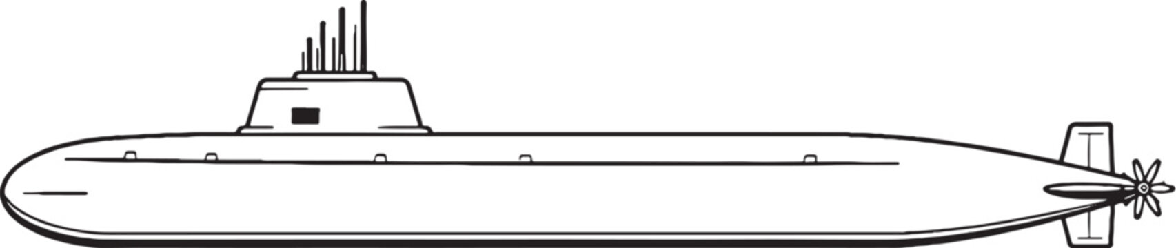 Nuclear Submarine Naval Vessel Line Art Vector Illustration Side View