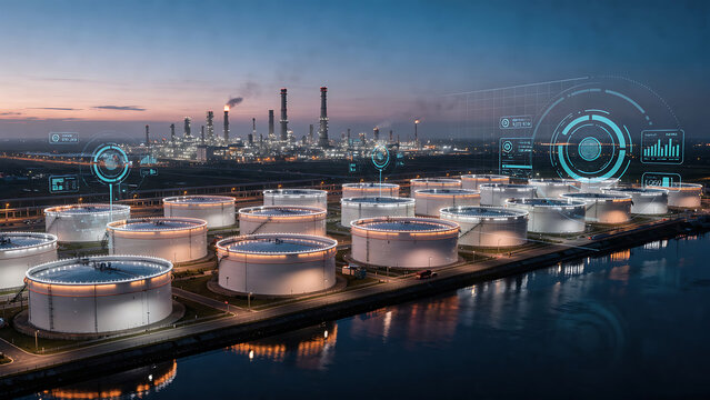 Oil Gas Refinery Storage Tanks Energy Infrastructure with Data HUD Price Chart Concept