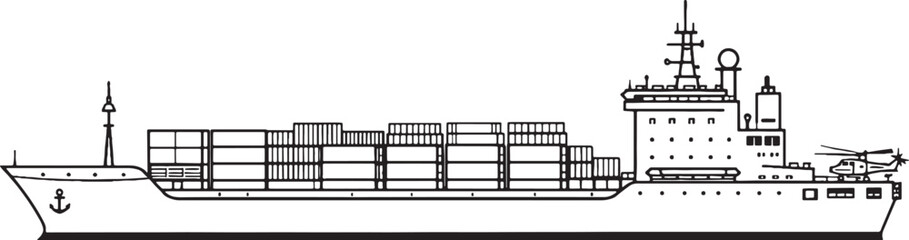 Military cargo ship container vessel side view black and white vector line art illustration isolated © Bui