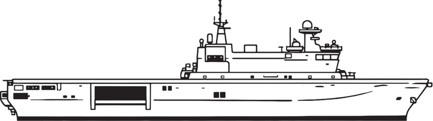 Landing platform dock ship naval vessel side view black and white vector line art illustration isolated © Bui