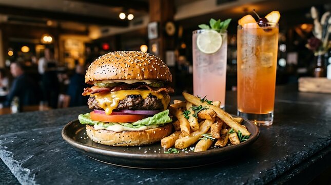 Hamburger Daging Sapi dengan Keju dan Sayuran Segar, Disajikan dengan Kentang Goreng dan Minuman Segar di Restoran Modern