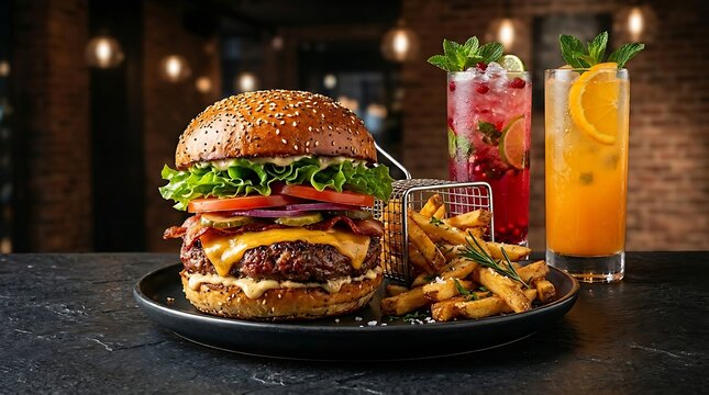 Hamburger besar dengan kentang goreng dan minuman segar di restoran malam hari
