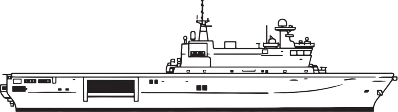 Landing platform dock ship naval vessel side view black and white vector line art illustration isolated
