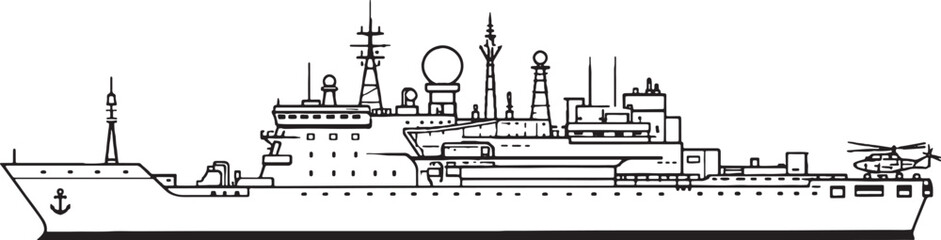 Command naval ship communication vessel side view black and white vector line art illustration isolated © Bui