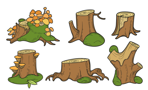 Big low stump with parasitic overgrowth toadstools and moss linear drawing for coloring isolated on white background