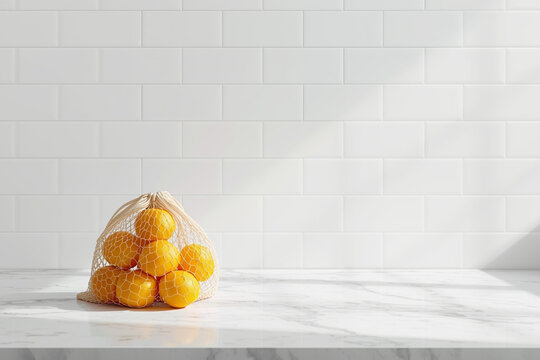 신선한 과일이 담긴 주방 조리대 위 메쉬 백 (Fresh Fruits in a Mesh Bag on a Kitchen Countertop)