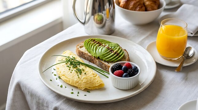 Sarapan sehat dengan roti gandum, alpukat, omelet, buah beri, dan segelas jus jeruk segar di meja makan natural