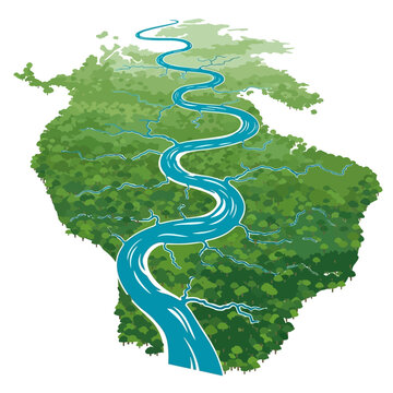 Amazon Rainforest shaped like South America continent with winding river and tributaries