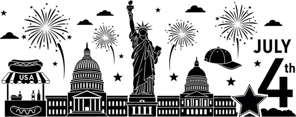 An illustration of iconic American landmarks and symbols celebrating Independence Day on July 4th