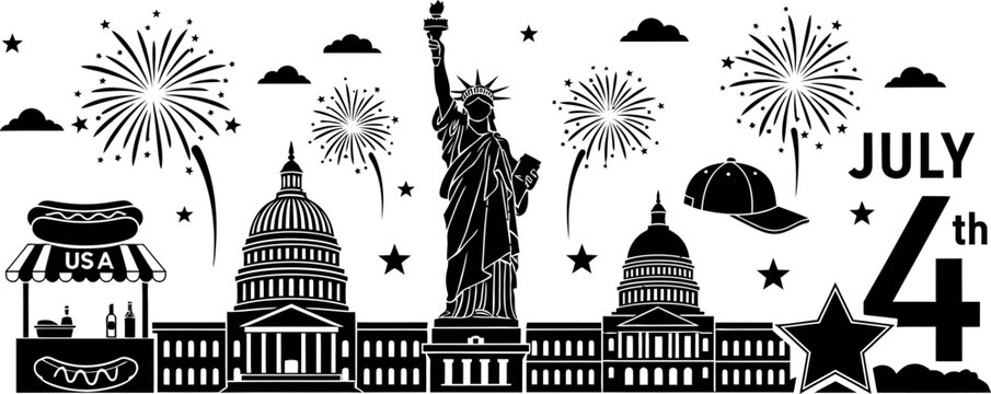 An illustration of iconic American landmarks and symbols celebrating Independence Day on July 4th