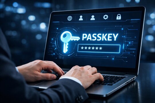 Cybersecurity passkey login concept on laptop screen in dark office setting. Ai generative