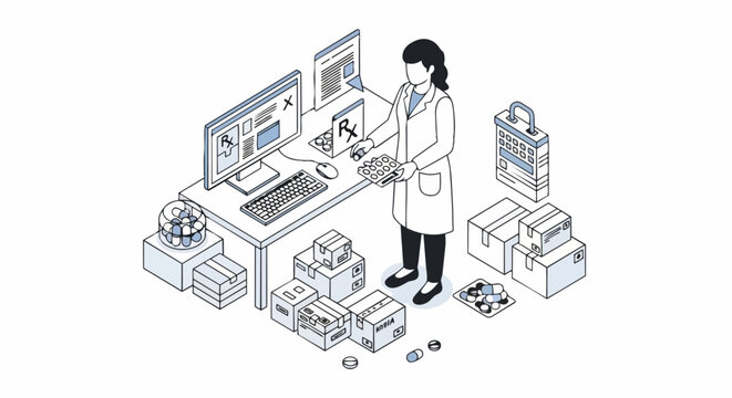 Isometric Illustration of a Female Pharmacist Managing Online Medicine Orders, Prescription Fulfillment, and Healthcare Logistics in a Modern Pharmacy Setting