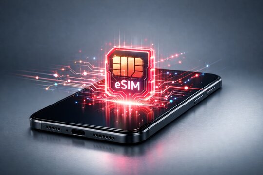 Futuristic eSIM chip concept emerging from smartphone on dark background. Ai generative